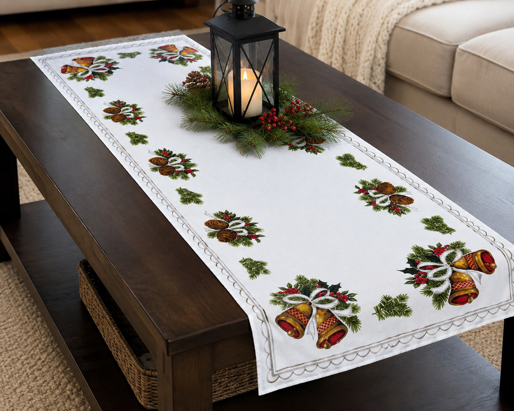 Christmas Table Runner Bells Pinecones Evergreen Holly Cotton Blend 37"Lx15"W
